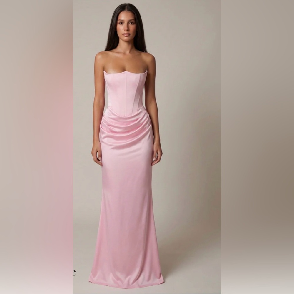 Strapless Pink Satin Corset-Style Evening Gown
